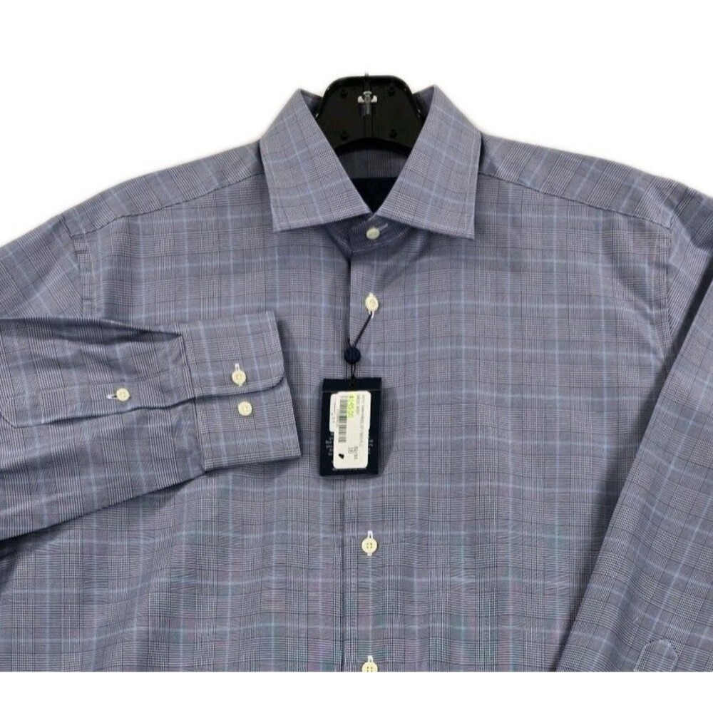 David Donahue Dress Shirt Mens 16 32/33 Blue Plaid Spread Collar Cotton